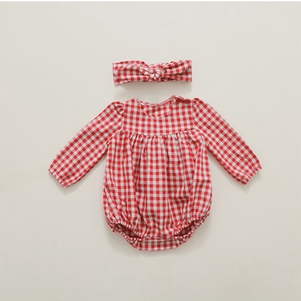 Baby Girls Red Checked Romper Headband Set